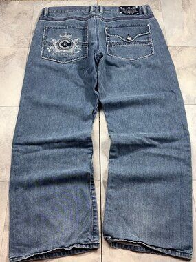 Coogi Baggy Jeans Men's 40x34 Faded Blue Crown Crest Embroidered Y2K